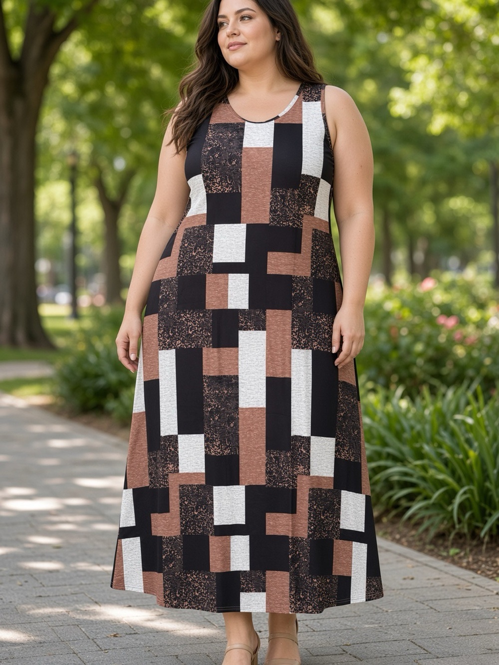 Plus-Size Sleeveless Maxi Dress in Brown Black White Block Print